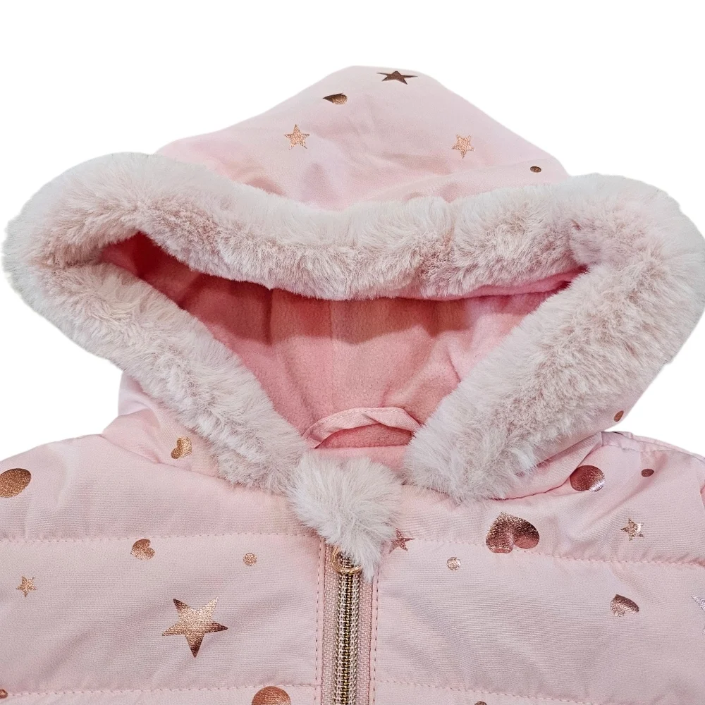 Rothschild Baby Girls Foil Print Zip Up‎ Pram Snowsuit Bib 3-6 Months Faux Fur
